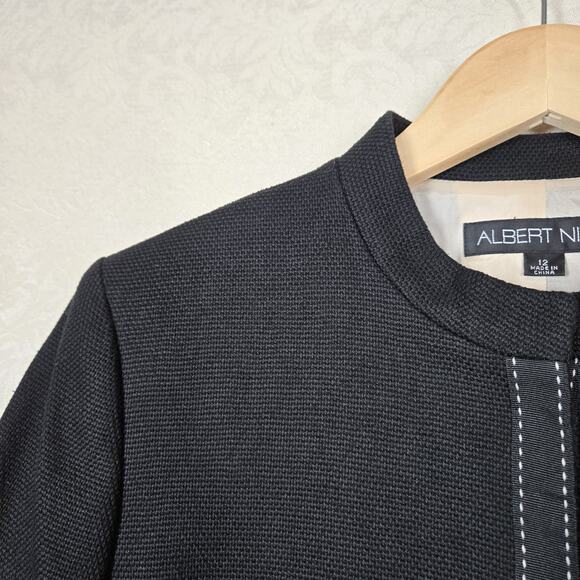 VTG Albert Nipon Suit Jacket 12 Black Cotton Snap Front Peplum Hem Velvet Ribbon - Picture 7 of 14